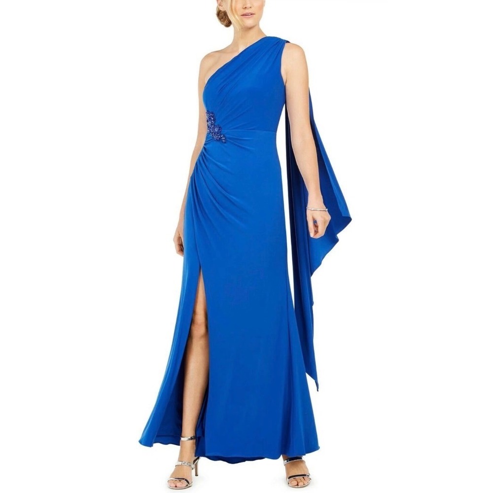 Adrianna Papell One Shoulder Draped Gown Sapphire Blue Size 4 Beaded Formal